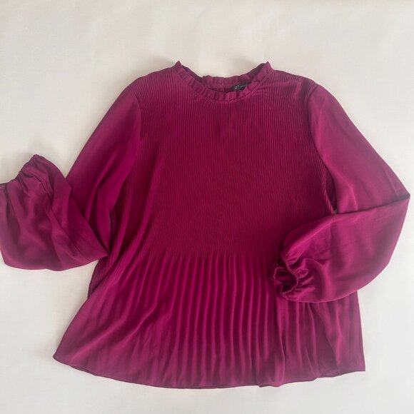 Adrianna Papell Magenta Pleated Blouse Long Sleeve Ruffle Collar Women's M - Picture 8 of 12